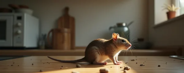 Illustration réaliste d'une infestation de rongeurs dans une cuisine domestique propre, éclairage cinématographique et composition maîtrisée