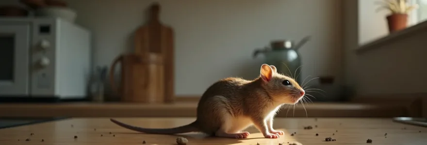 Illustration réaliste d'une infestation de rongeurs dans une cuisine domestique propre, éclairage cinématographique et composition maîtrisée