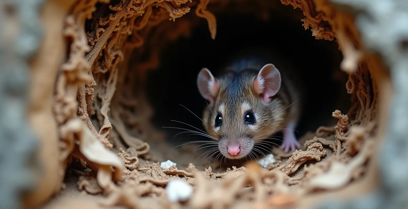 Gros plan réaliste sur un nid de rongeurs dans un mur avec traces de passage et débris