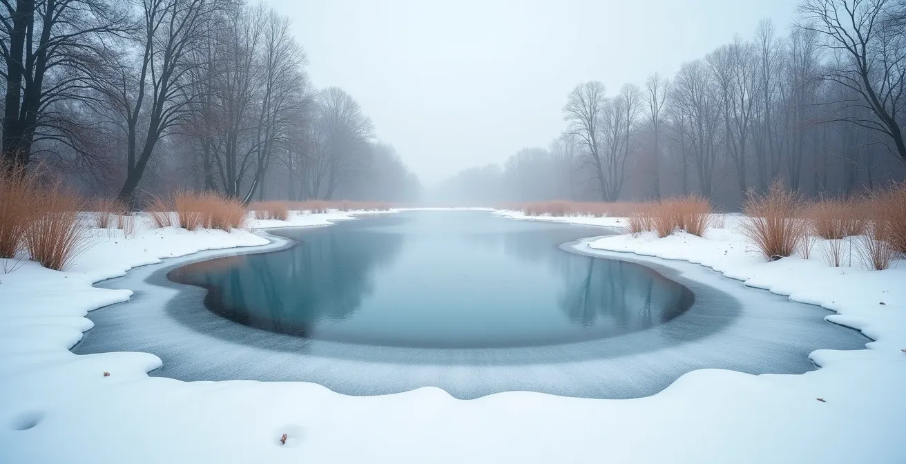 Vue en coupe d'un bassin en hiver montrant les zones de refuge non gelées en profondeur